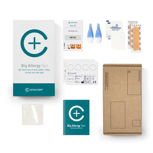 Contents of the Comprehensive Allergy Testkit from Cerascreen: Packaging, instructions, lancets, plaster, dry blood card, disinfection wipe, return envelope