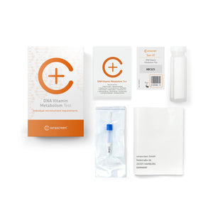 Contents of the DNA Vitamin Metabolism Testkit from Cerascreen: Packaging, instructions, swabs, sample tubes, return envelope
