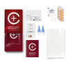 Contents of the COVID-19 Vaccine Effectiveness Testkit from Cerascreen: Packaging, instructions, lancets, plaster, dry blood card, disinfection wipe, return envelope