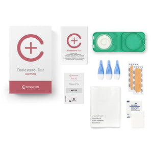 Contents of the Cholesterol Testkit from Cerascreen: Packaging, instructions, lancets, plaster, dry blood box, disinfection wipe, return envelope