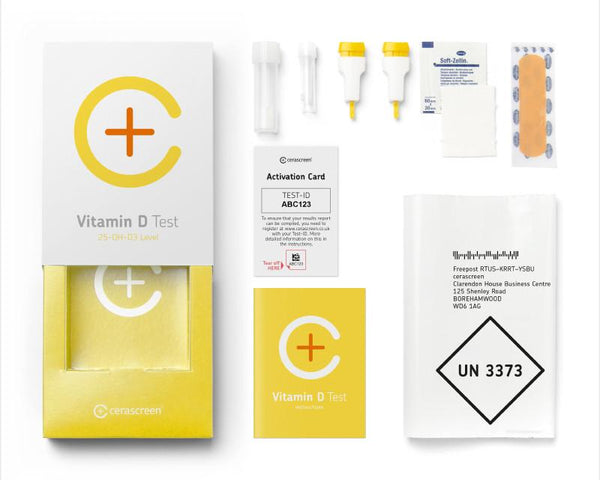 Contents of the Vitamin D Testkit from Cerascreen: Packaging, instructions, lancets, plaster, dry blood card, disinfection wipe, return envelope