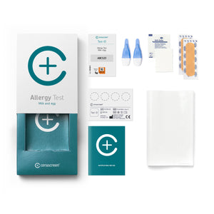 Contents of the Dairy + Egg Allergy Testkit from Cerascreen: Packaging, instructions, lancets, plaster, dry blood card, disinfection wipe, return envelope