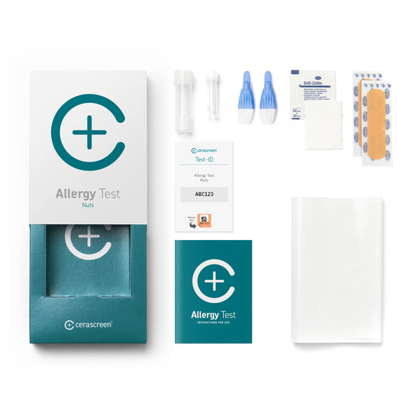 Contents of the Nut Allergy Test kit from Cerascreen: Packaging, instructions, lancets, plaster, dry blood card, disinfection wipe, return envelope