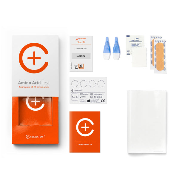Contents of the Amino Acid Testkit from Cerascreen: Packaging, instructions, lancets, plaster, dry blood card, disinfection wipe, return envelope