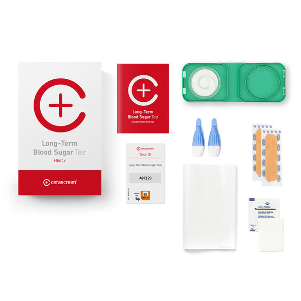 Contents of the Hba1c Test – Long Term Blood Sugar Testkit from Cerascreen: Packaging, instructions, lancets, plaster, dry blood box, disinfection wipe, return envelope