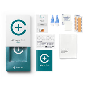 Contents of the Cat Allergy Testkit from Cerascreen: Packaging, instructions, lancets, plaster, dry blood card, disinfection wipe, return envelope