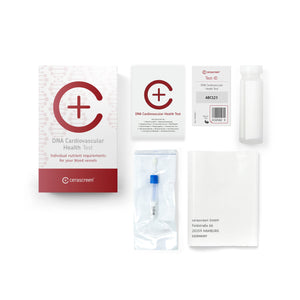 Contents of the DNA Heart Health Testkit from Cerascreen: Packaging, instructions, swabs, sample tubes, return envelope