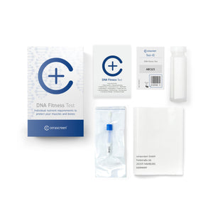 Contents of the DNA Fitness Testkit from Cerascreen: Packaging, instructions, swabs, sample tubes, return envelope