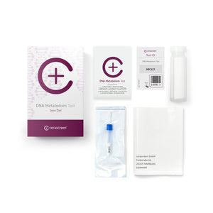 Contents of the DNA Metabolism Testkit from Cerascreen: Packaging, instructions, swabs, sample tubes, return envelope