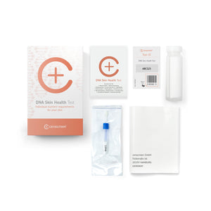 Contents of the DNA Skin Testkit from Cerascreen: Packaging, instructions, swabs, sample tubes, return envelope