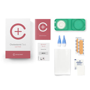 Contents of the Cholesterol Testkit from Cerascreen: Packaging, instructions, lancets, plaster, dry blood box, disinfection wipe, return envelope