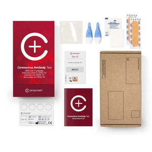 Contents of the Coronavirus (Covid-19) Antibody Test - Double Pack from Cerascreen: Packaging, instructions, lancets, plaster, dry blood card, disinfection wipe, return envelope