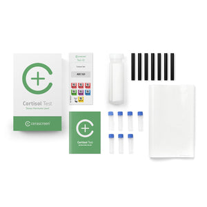 Contents of the Cortisol Testkit from Cerascreen: Packaging, instructions, straws, sample tubes, return envelope