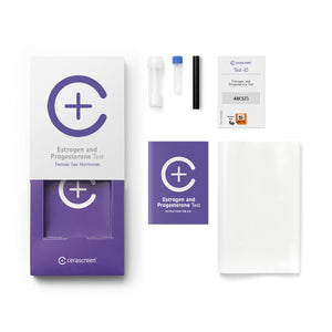 Contents of the Estrogen and Progesterone Testkit from Cerascreen: Packaging, instructions, straws, sample tubes, return envelope