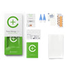 Contents of the Food Allergy Testkit from Cerascreen: Packaging, instructions, lancets, plaster, dry blood card, disinfection wipe, return envelope