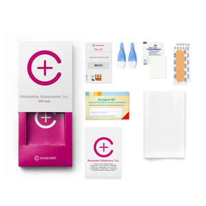 Contents of the Histamine Intolerance Testkit from Cerascreen: Packaging, instructions, lancets, plaster, dry blood card, disinfection wipe, return envelope        