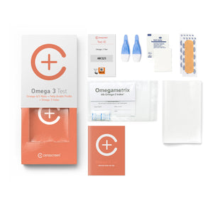 Contents of the Omega 3 Testkit from Cerascreen: Packaging, instructions, lancets, plaster, dry blood card, disinfection wipe, return envelope
