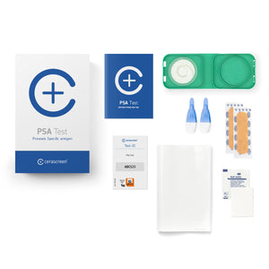 Contents of the PSA Testkit from Cerascreen: Packaging, instructions, lancets, plaster, dry blood box, disinfection wipe, return envelope