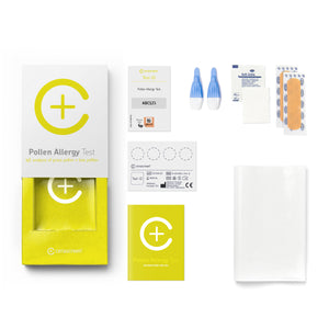 Contents of the Pollen Allergy Testkit from Cerascreen: Packaging, instructions, lancets, plaster, dry blood card, disinfection wipe, return envelope