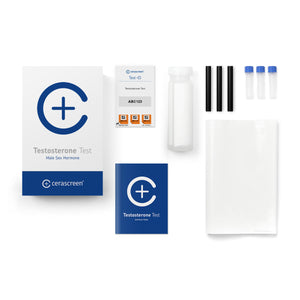 Contents of the Testosterone Testkit from Cerascreen: Packaging, instructions, straws, sample tubes, return envelope