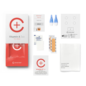 Contents of the Vitamin A Deficiency Testkit from Cerascreen: Packaging, instructions, lancets, plaster, dry blood card, disinfection wipe, return envelope