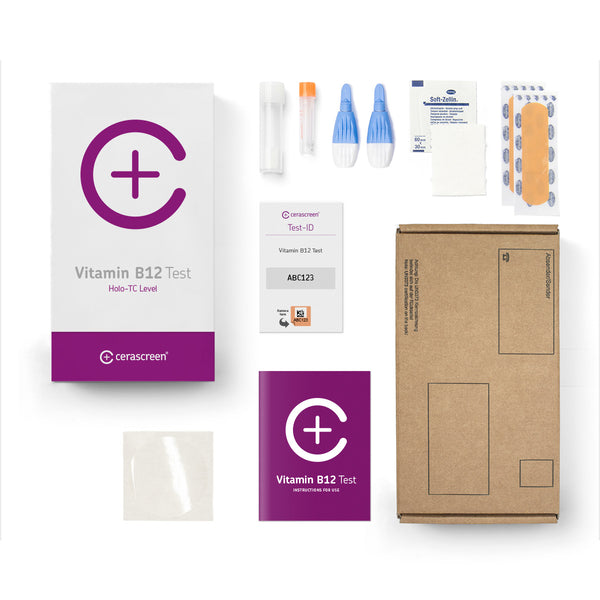 Contents of the Vitamin B12 Blood Testkit from Cerascreen: Packaging, instructions, lancets, plaster, sample tubes, disinfection wipe, return envelope        