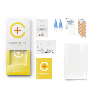 Contents of the Vitamin D Testkit from Cerascreen: Packaging, instructions, lancets, plaster, dry blood card, disinfection wipe, return envelope