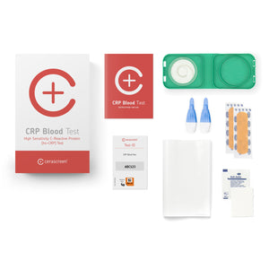 Contents of the CRP Blood Testkit from Cerascreen: Packaging, instructions, lancets, plaster, dry blood box, disinfection wipe, return envelope